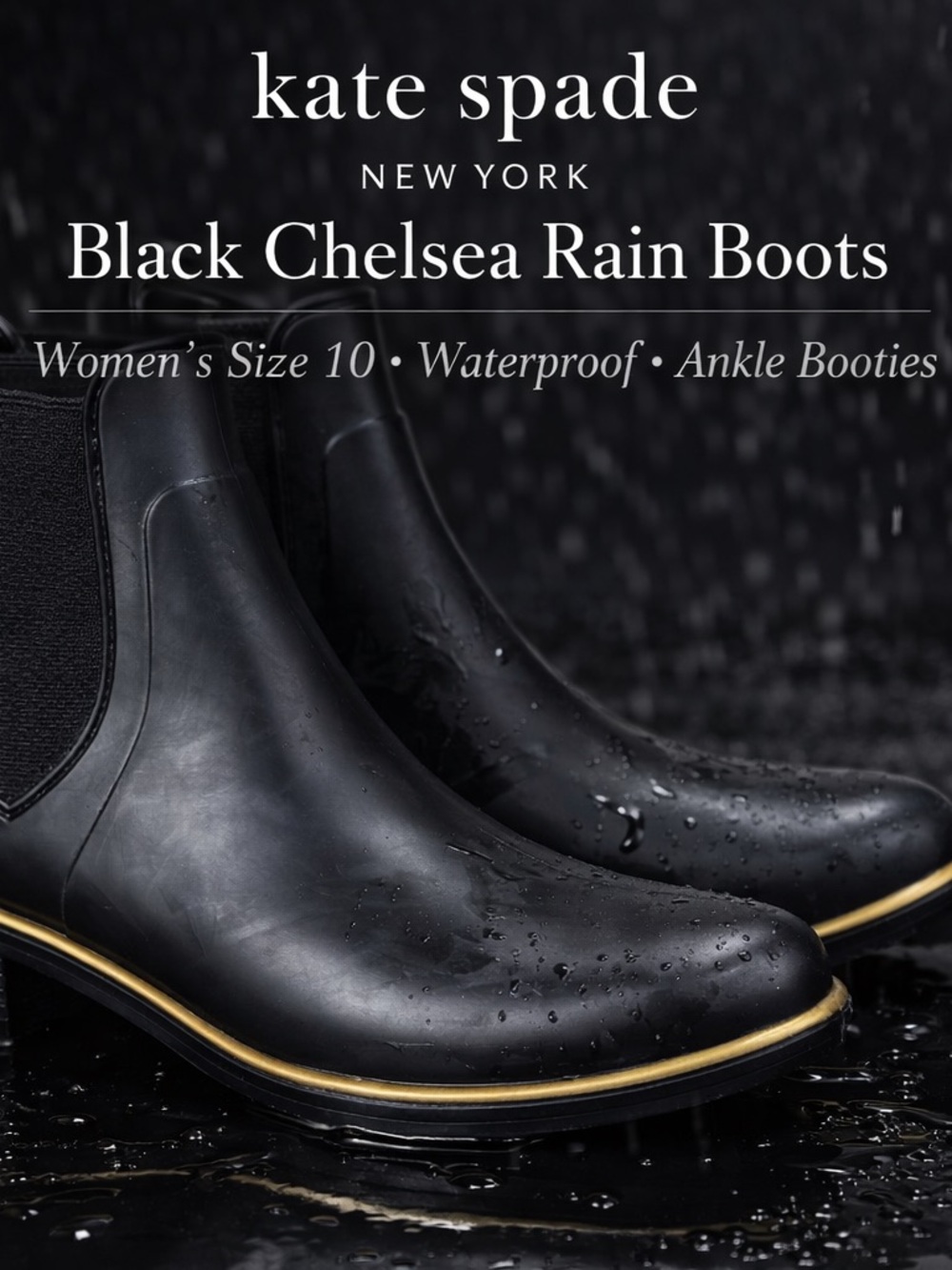 kate spade Black Chelsea Rain Booties with Gold Trim